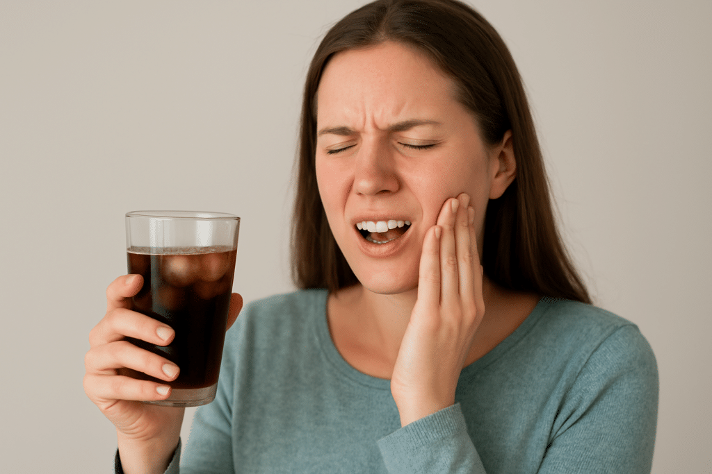 A woman in a blue top holds up iced coffee in one hand and grabs her jaw with the other from gum and tooth pain.