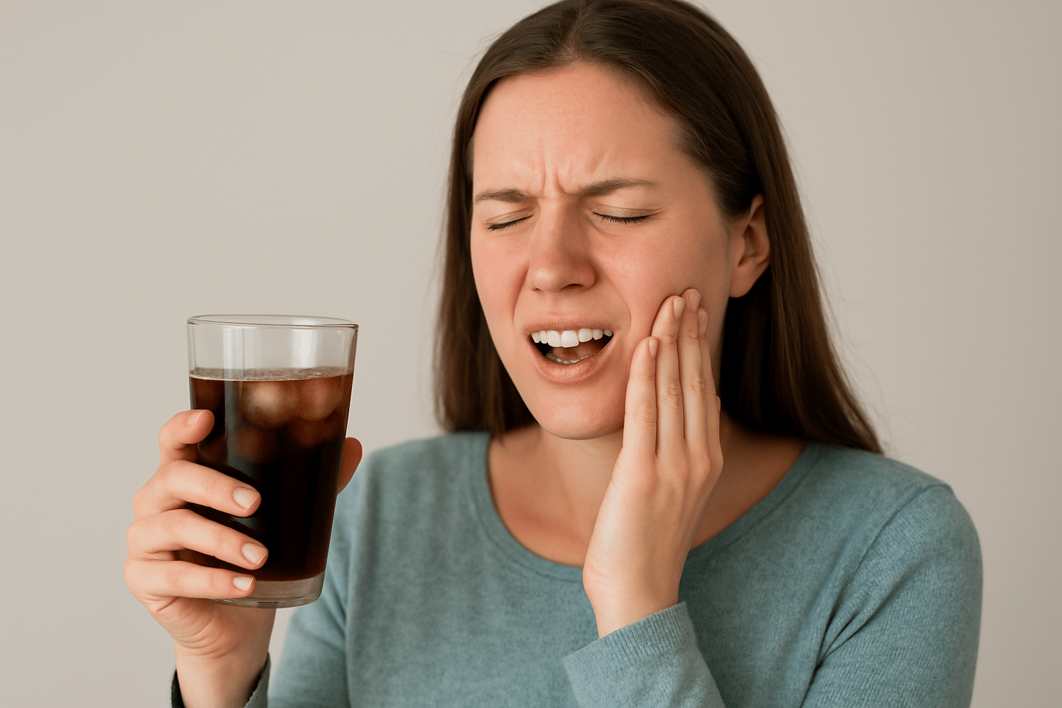 A woman in a blue top holds up iced coffee in one hand and grabs her jaw with the other from gum and tooth pain.
