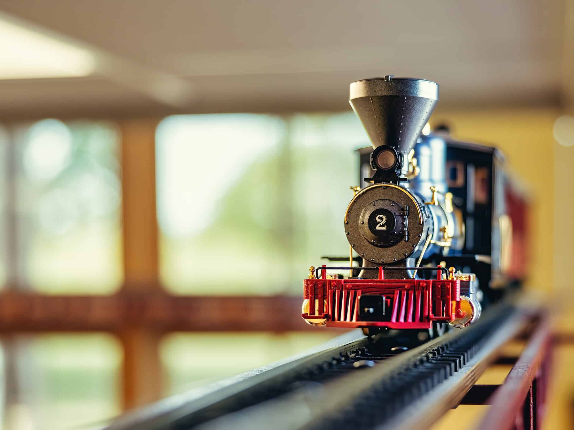 Close up of the model train running throughout the interior at Dental Depot's dental clinic in Tulsa on Garnett Rd