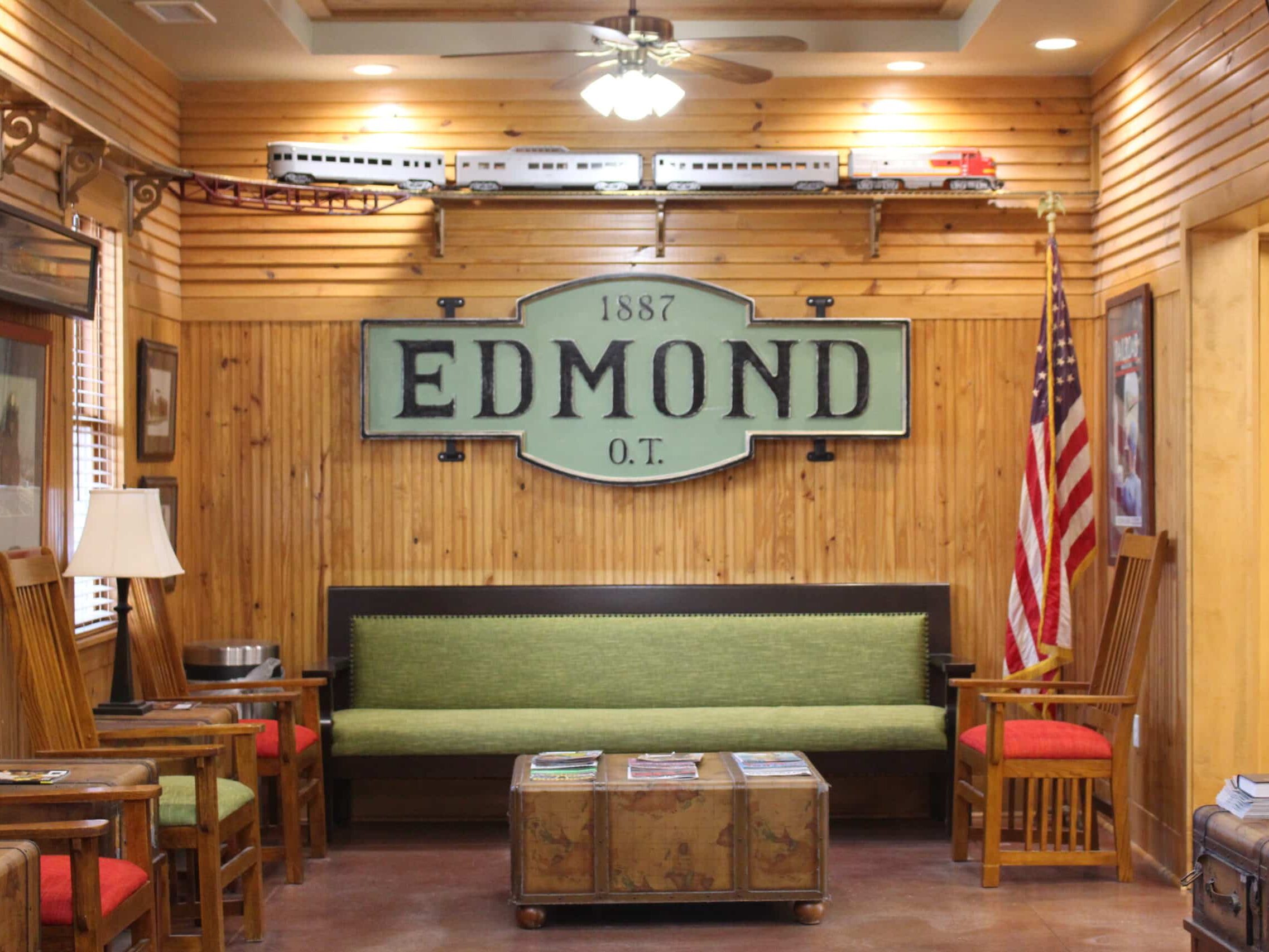 Inside view of the Edmond dental clinic's waiting room with the Edmond signage.