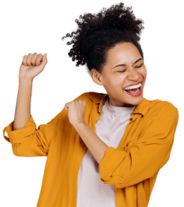 Young woman in yellow shirt smiles while dancing and showing off a straight smile from Invisalign.