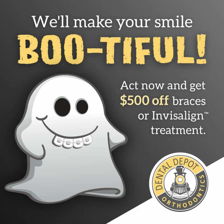 a cute ghost with braces says, "we'll make your smile boo-tiful" with $500 off ortho treatment