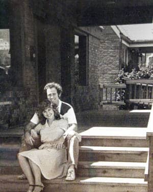 Photo circa 1978, Dr. Glenn and Arlene Ashmore sit on the steps of the original Dental Depot.