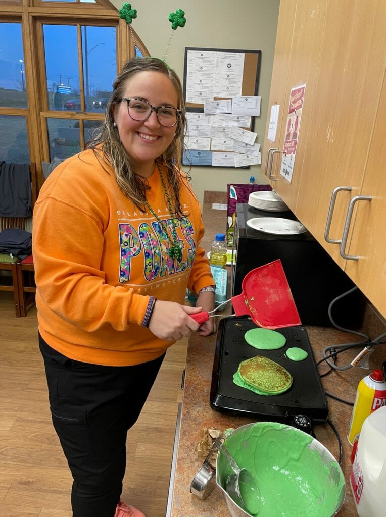Dr. Tara Stanford makes green pancakes to celebrate her teams on St. Patrick's Day.