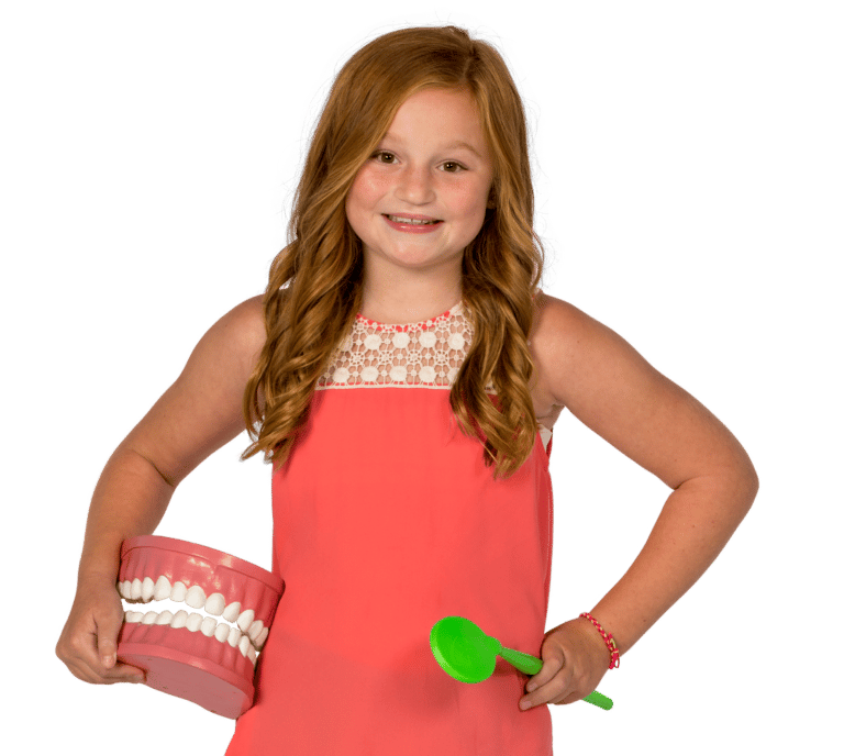 little girl holding model of teeth and large tooth brush