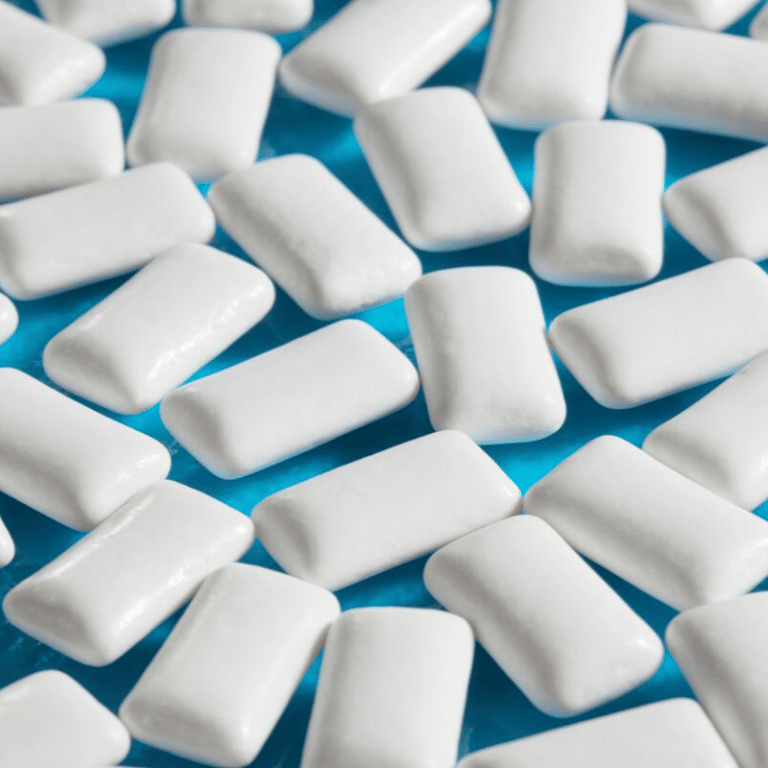 White, square, sugar-free gum pieces on a blue background.